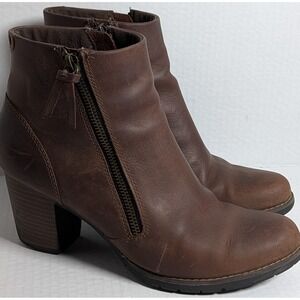 Clarks Women's Ankle Boots Brown Leather Zip Block Heel Size 8.5M